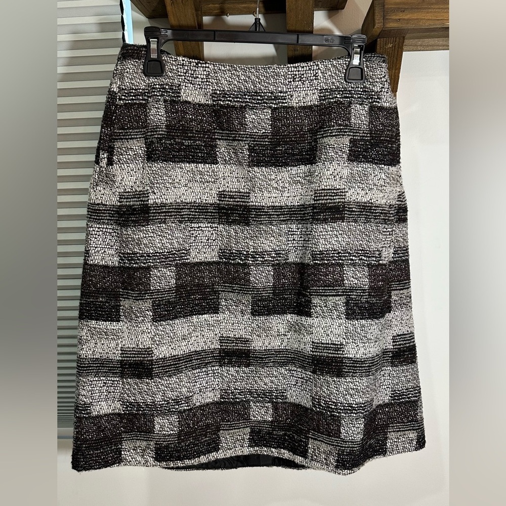 NWT Oscar de la Renta Grey Checkered Tweed Wool Blend Skirt Pockets Silk Lined 8